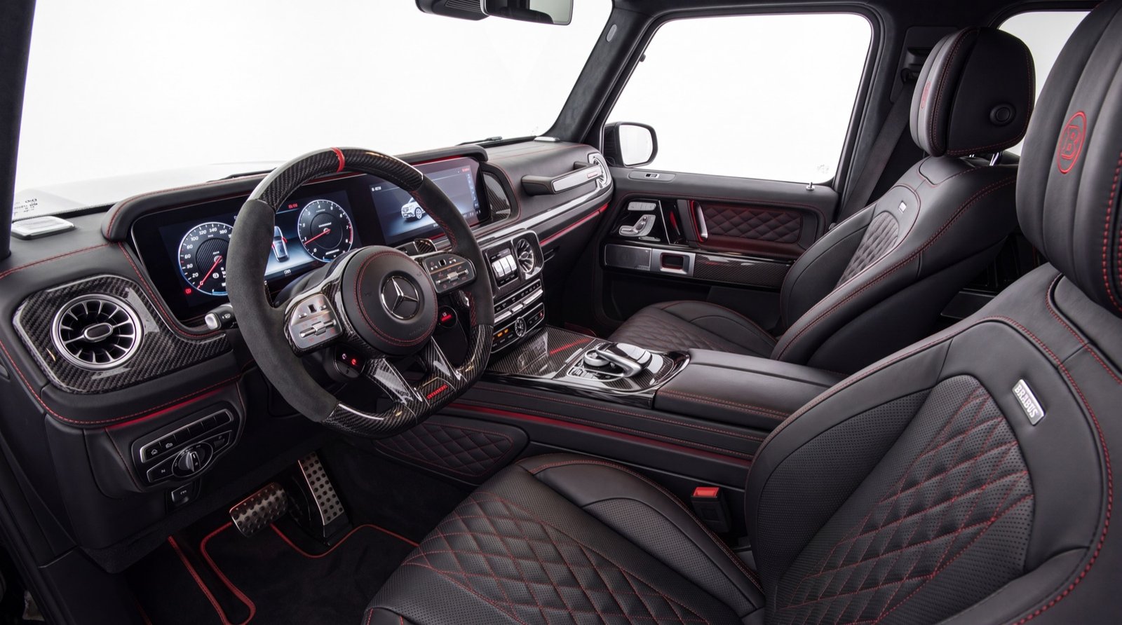 Brabus Mercedes G-Wagon interior with black and red diamond-stitched leather — showroom-standard finish