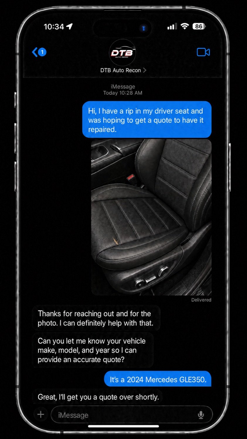 Text-message quote: a customer sends a photo of a ripped seat and DTB replies with a fast flat-rate quote